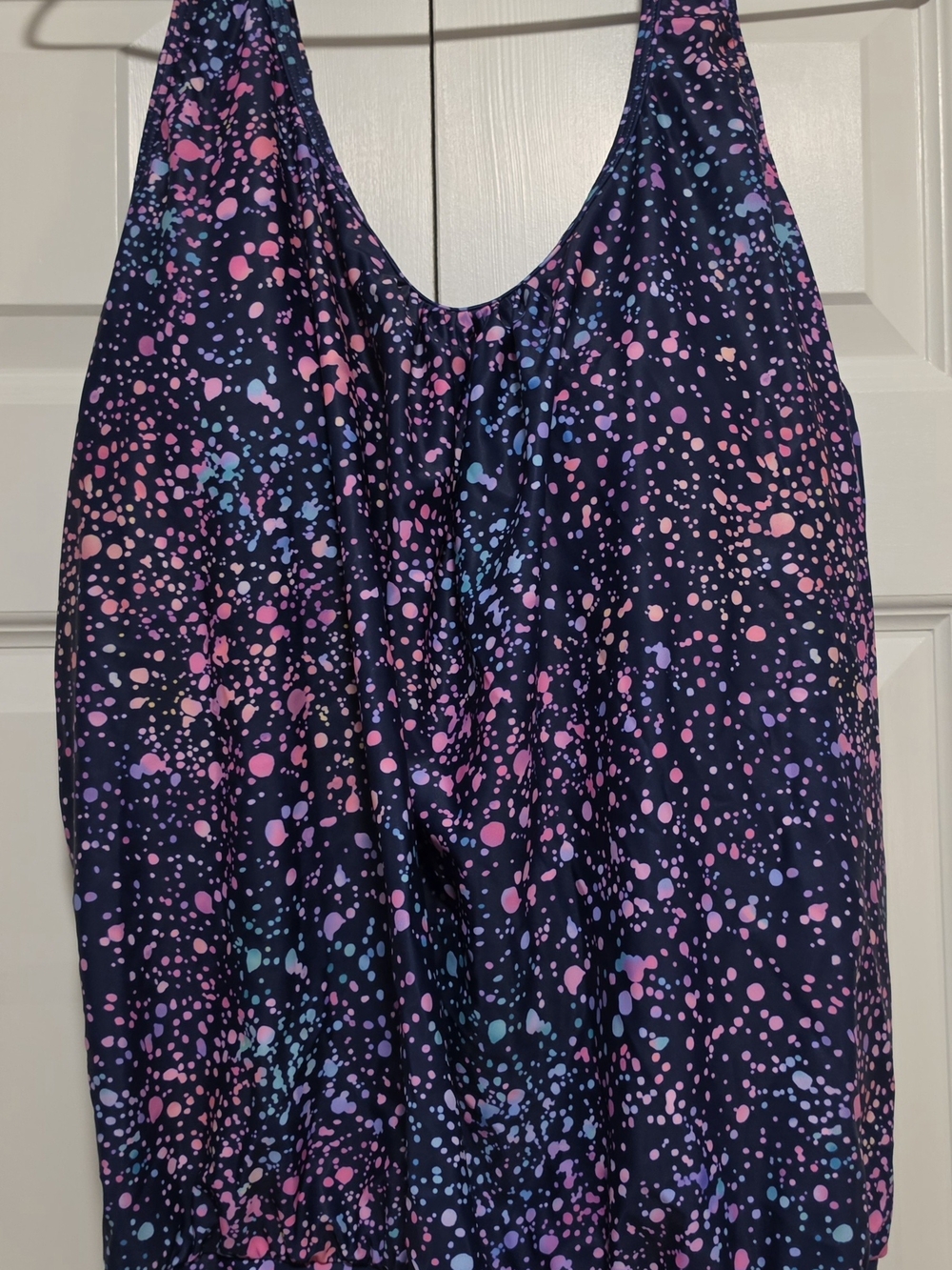 Sleeveless Navy Tank Top with Pink & Blue Speckle Print